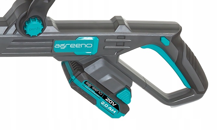 Uchwyt urządzenia z ergonomicznym kształtem i wyraźnym, turkusowym przyciskiem spustu.